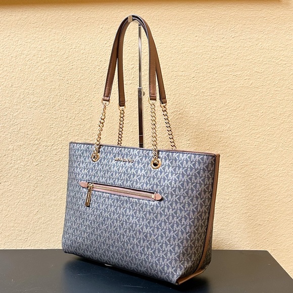 Michael Kors Jet Set Item M Shoulder Chain Tote Bag MK Gold Signature Brown - Picture 4 of 11